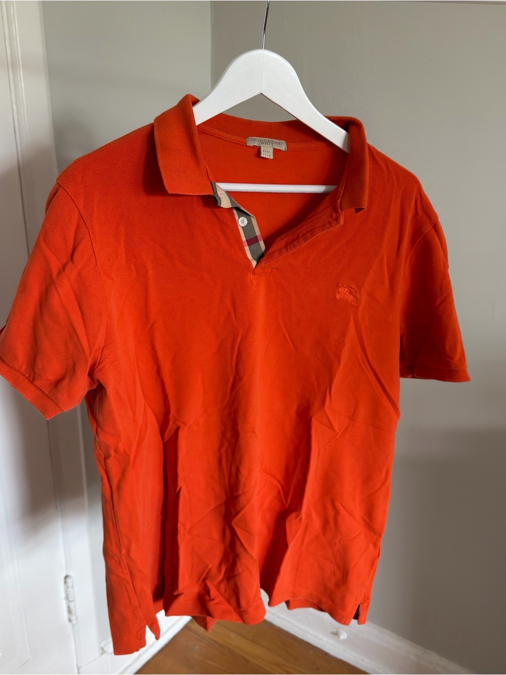 Burberry Men's Orange Polo Shirt with Classic Check Trim